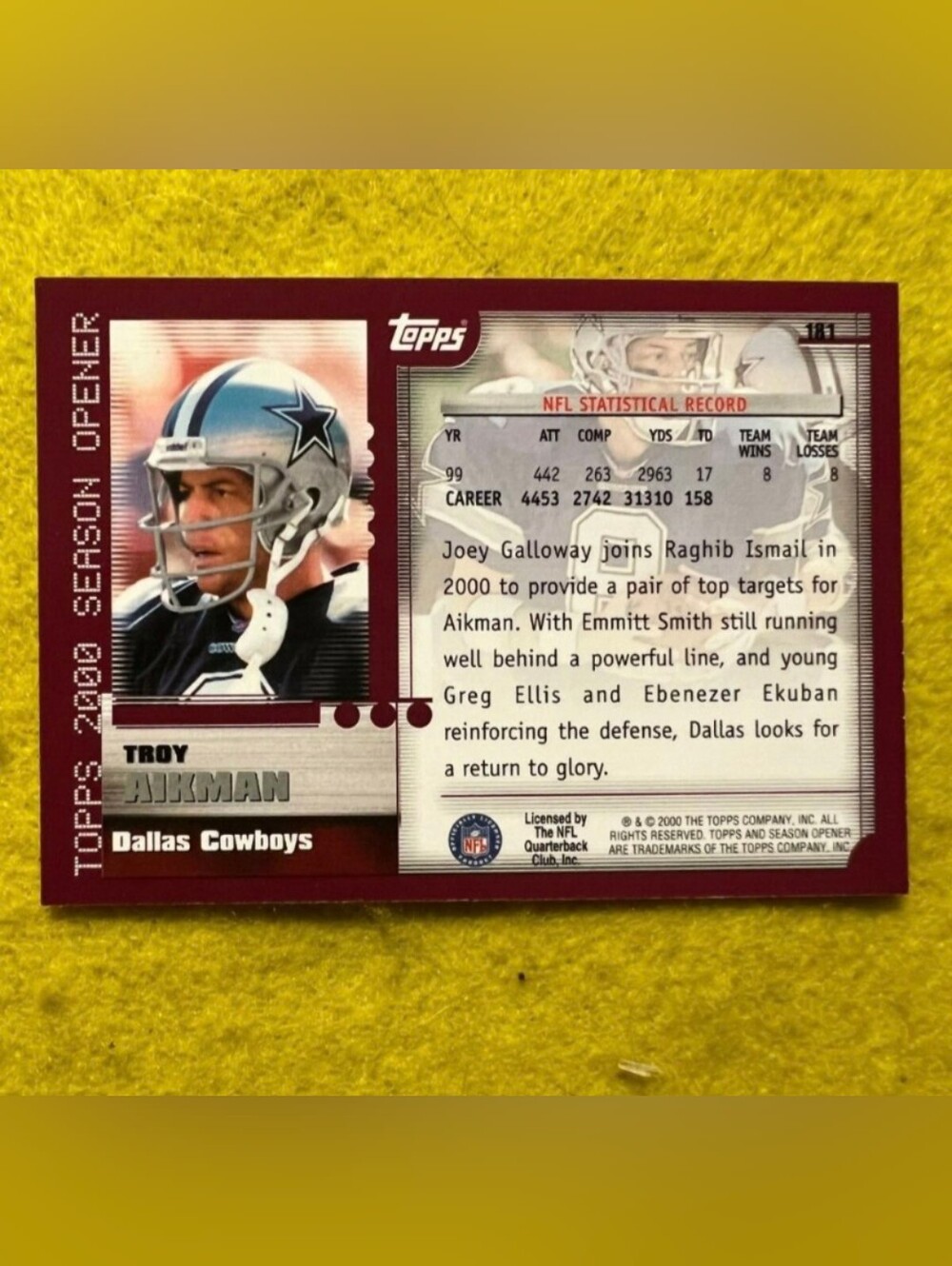 Troy Aikman 2000 Topps Season Opener #181 Dallas Cowboys Football Card NM - Picture 2 of 9